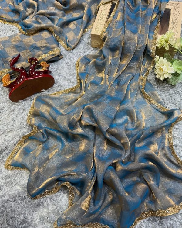 Blue Chiffon Pattern Hand Work Lace Saree
