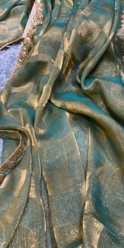 Green Chiffon Pattern Hand Work Lace Saree