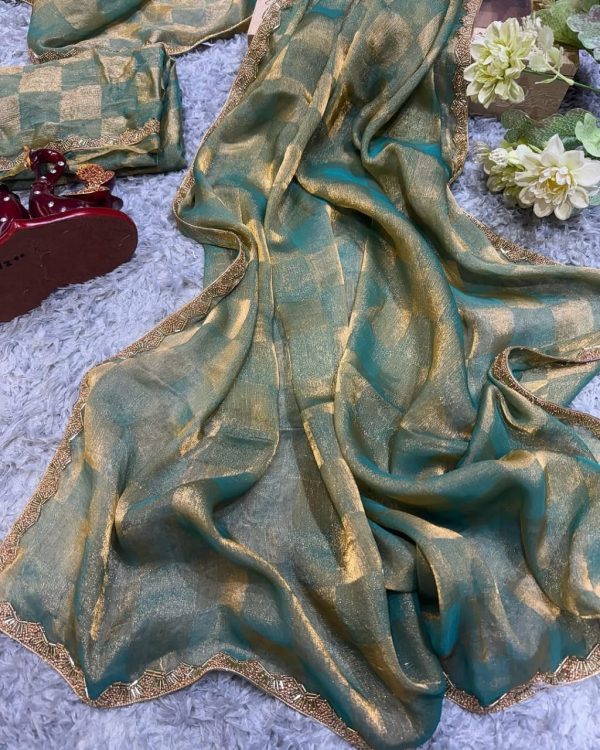 Green Chiffon Pattern Hand Work Lace Saree - Image 2