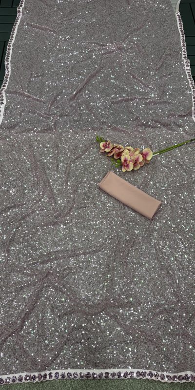 Pretty Grey Color Faux Georgette With 5MM & 3MM Khichdi Sequence Embroidery Work Saree