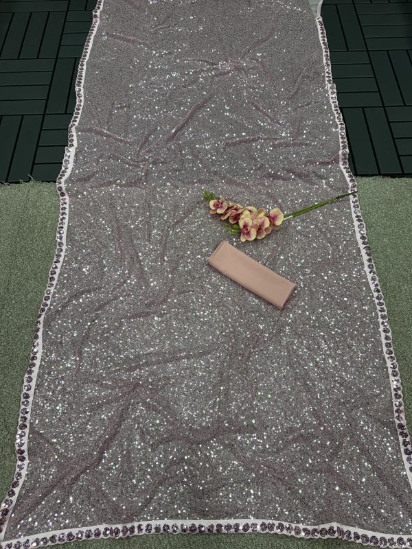 Pretty Grey Color Faux Georgette With 5MM & 3MM Khichdi Sequence Embroidery Work Saree