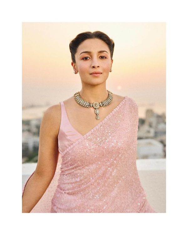 Pretty Light Pink Color Faux Georgette With 5MM & 3MM Khichdi Sequence Embroidery Work Saree
