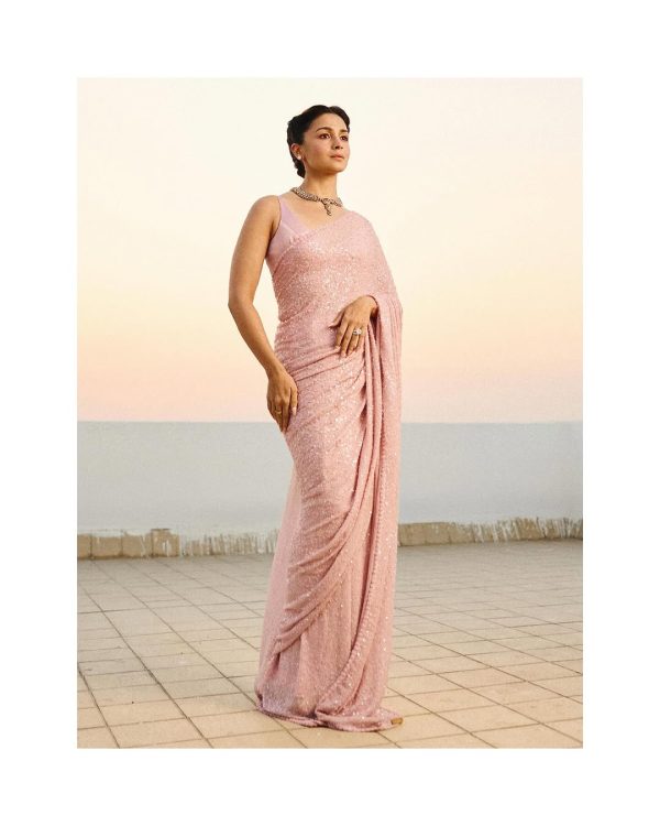 Light Pink Faux Georgette Khichdi Sequence Embroidery Work Saree - Image 3