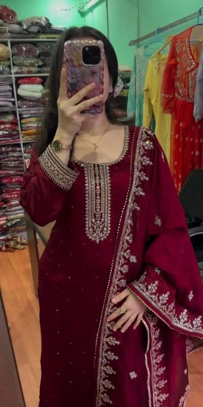 Pretty Marron Color Chinnon Silk With Embroidery Sequence Work Salwar Suit
