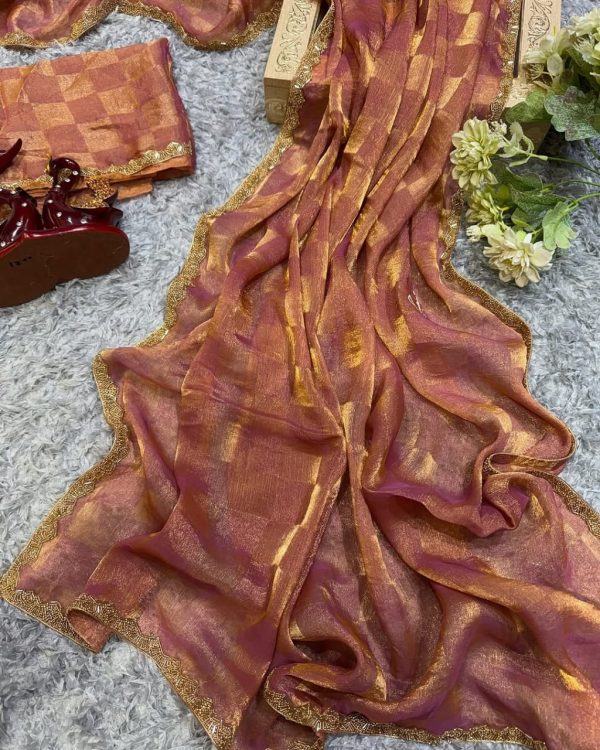 Peach Chiffon Pattern Hand Work Lace Saree - Image 2