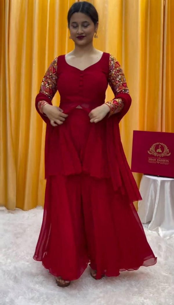 Red Fox Georgette Thread Work With Fancy Button Salwar Suit - Image 2