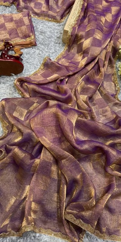Wine Chiffon Pattern Hand Work Lace Saree