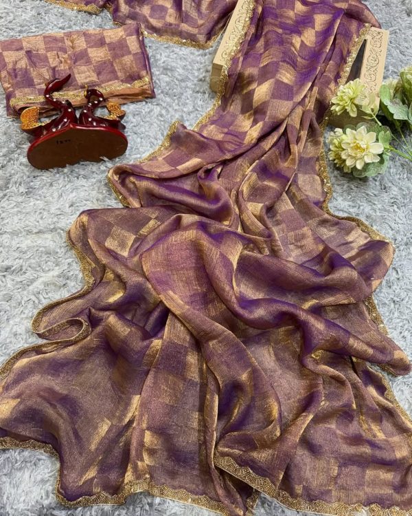 Wine Chiffon Pattern Hand Work Lace Saree