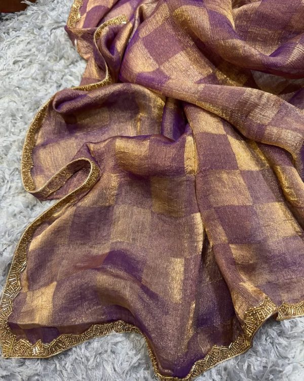 Wine Chiffon Pattern Hand Work Lace Saree - Image 2