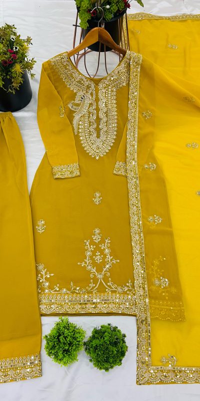 Pretty Yellow Color Faux Georgette With Embroidery Sequence Work Salwar Suit