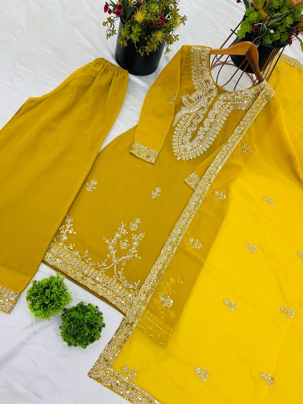 Yellow Faux Georgette Embroidery Sequence Work Salwar Suit - Image 2
