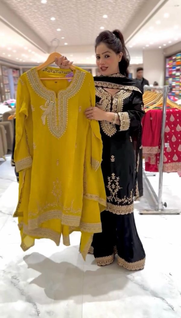 Yellow Faux Georgette Embroidery Sequence Work Salwar Suit - Image 3