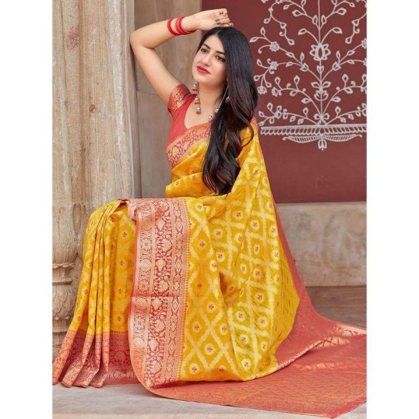 Yellow Soft Silk Jacquard Saree - Image 3