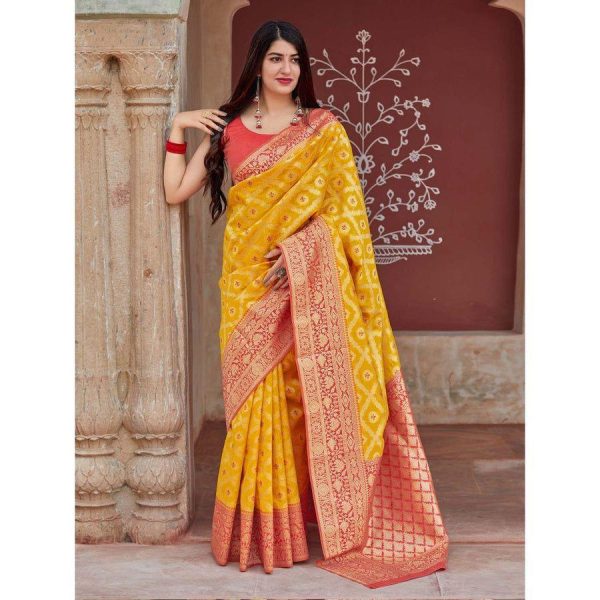 Yellow Soft Silk Jacquard Saree - Image 5