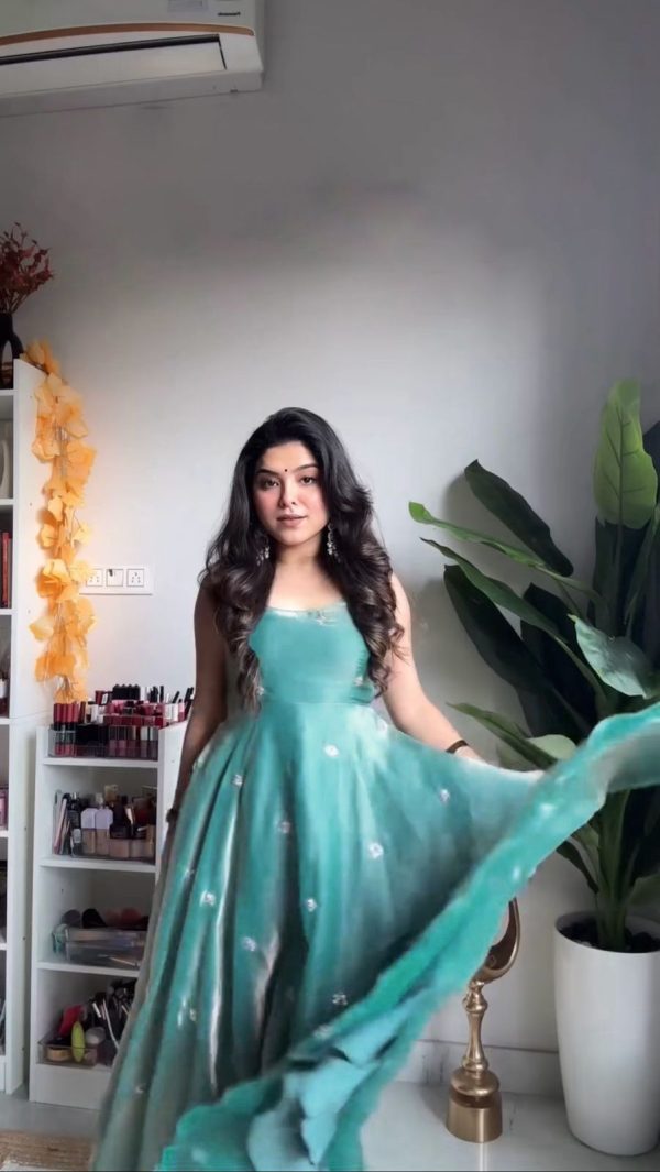 Sky Blue Silk Thread Sequence Anarkali Gown - Image 3