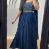 Navy Blue Chinon Silk Thread Real Mirror Gown