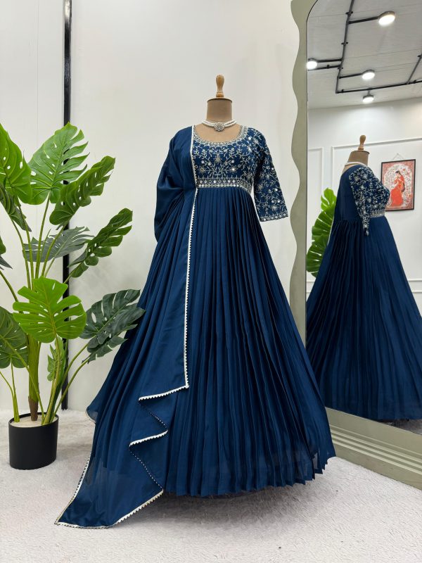 Navy Blue Chinon Silk Thread Real Mirror Gown - Image 2