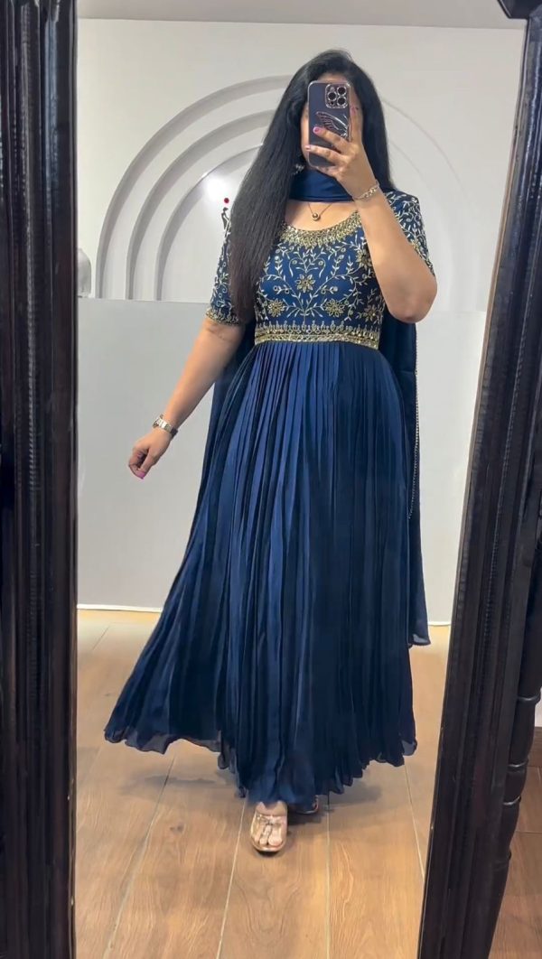 Navy Blue Chinon Silk Thread Real Mirror Gown