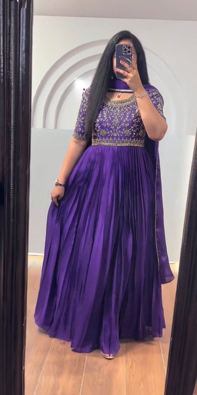 Purple Chinon Silk Thread Real Mirror Gown