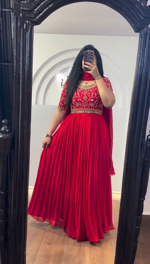 Red Chinon Silk Thread Real Mirror Gown