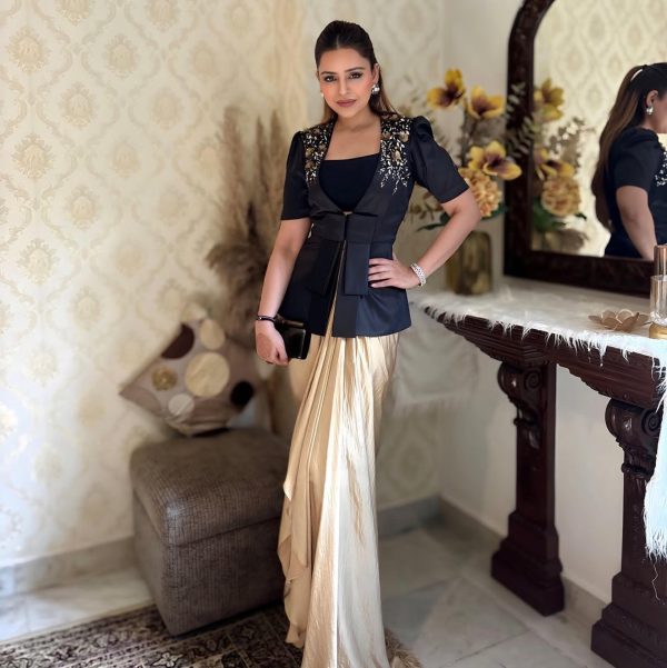 Black Cream French Crape Sequence Embroidery Dhoti Suit