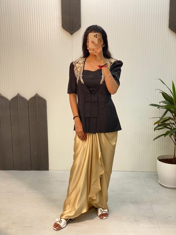 Black Cream French Crape Sequence Embroidery Dhoti Suit - Image 2