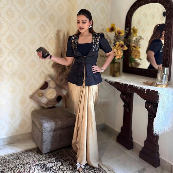 Black Cream French Crape Sequence Embroidery Dhoti Suit - Image 6