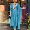 Stylist Blue Color Chanderi Silk With Mirror Work Embroidery Salwar Suit