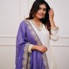 Half White Roman Silk With Purple Dupatta Coding Work Salwar Suit