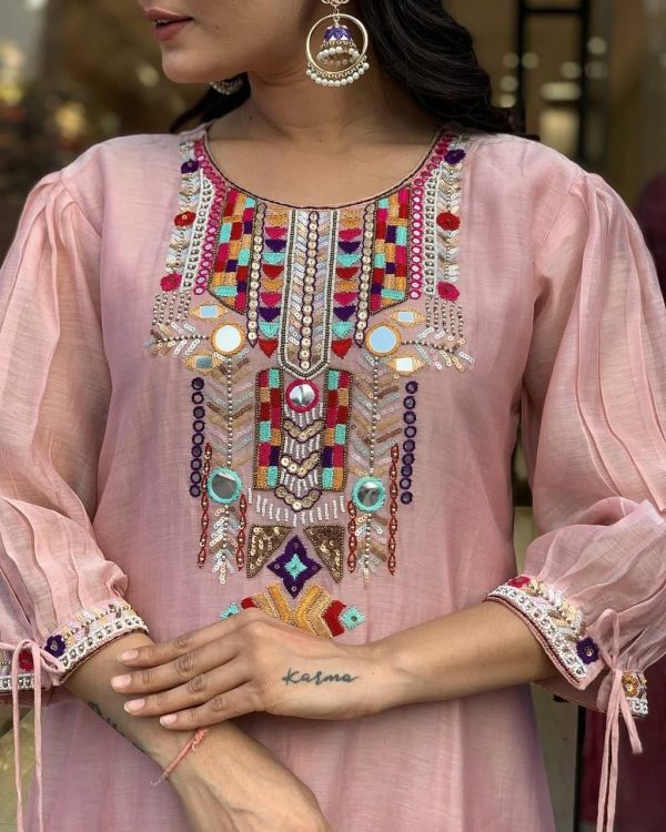 Peach Chanderi Silk With Mirror Work Embroidery Salwar Suit - Image 2