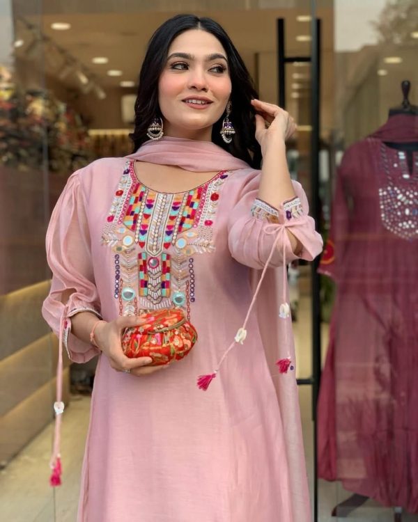 Peach Chanderi Silk With Mirror Work Embroidery Salwar Suit - Image 3