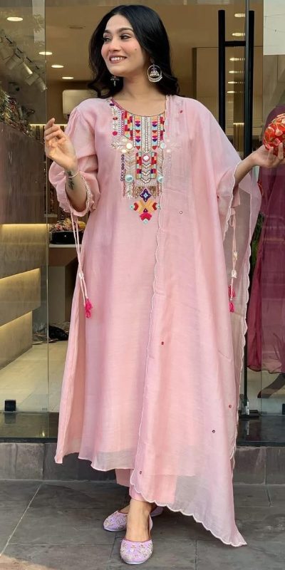 Stylist Peach Color Chanderi Silk With Mirror Work Embroidery Salwar Suit