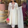Stylist White Color Chanderi Silk With Mirror Work Embroidery Salwar Suit