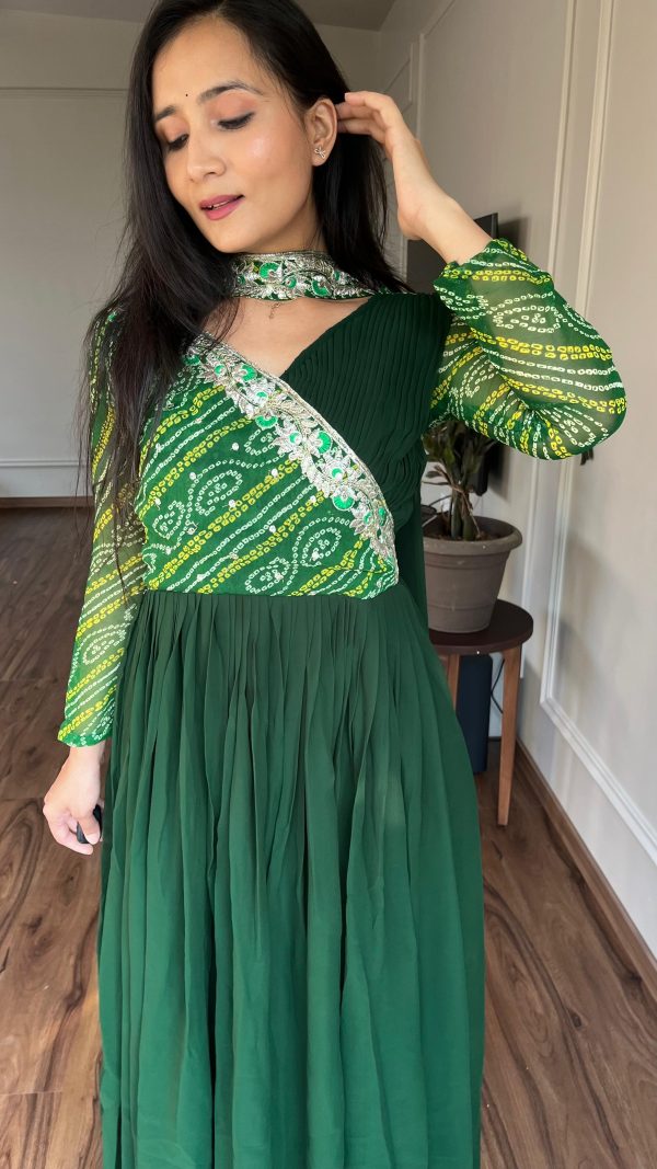 Green Bandhej Fox Georgette Sequence Embroidery Work Anarkali Gown - Image 2