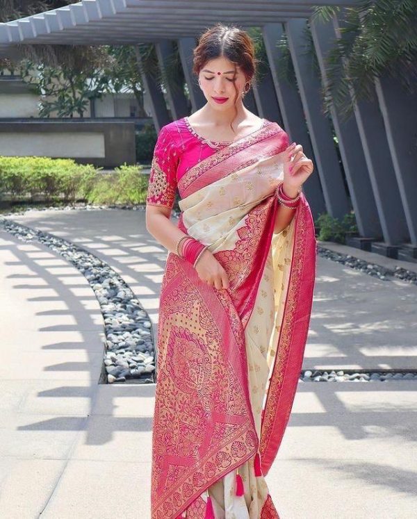 Half White Soft Litchi Silk Jacquard Work On All Over Saree - Image 10