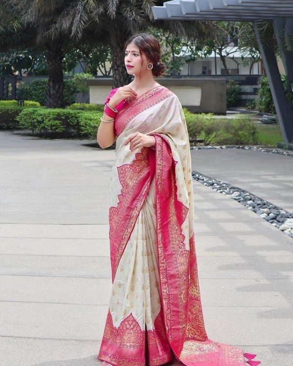 Half White Soft Litchi Silk Jacquard Work On All Over Saree - Image 4