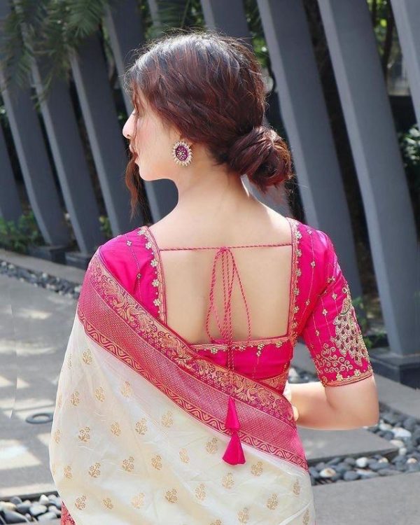 Half White Soft Litchi Silk Jacquard Work On All Over Saree - Image 6