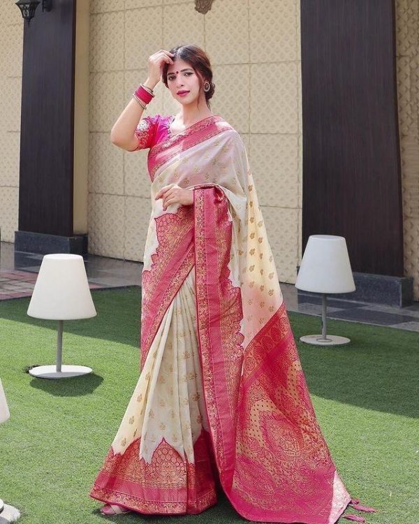 Half White Soft Litchi Silk Jacquard Work On All Over Saree - Image 7