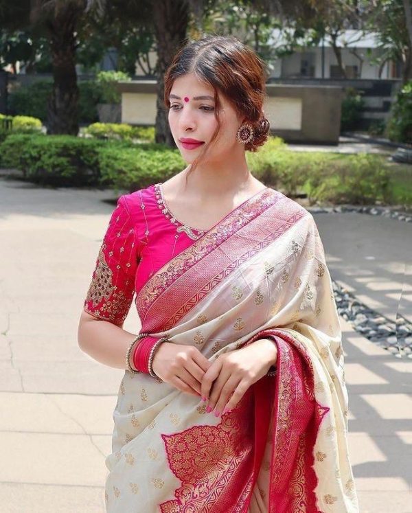 Half White Soft Litchi Silk Jacquard Work On All Over Saree - Image 2