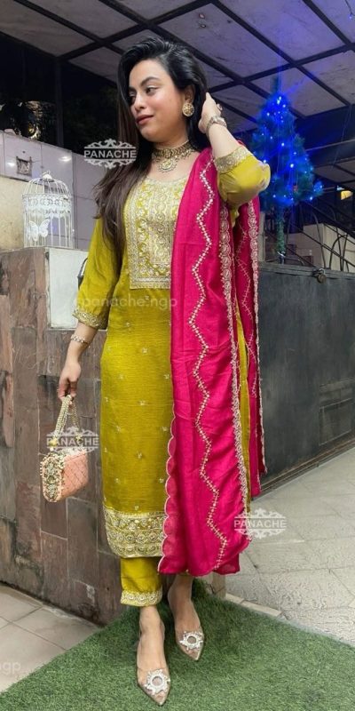 Superb Mahandi Color Chinon With Embroidery Work Salwar Suit