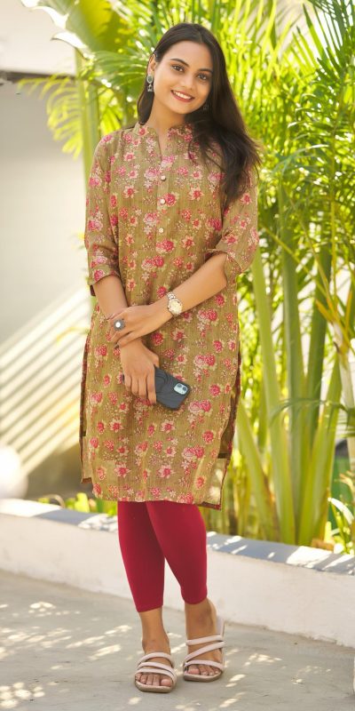 Mehandi Simmer Silk Office Wear Printed Kurti