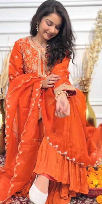 Superb Orange Color Chinon Silk Embroidery Work Salwar Suit