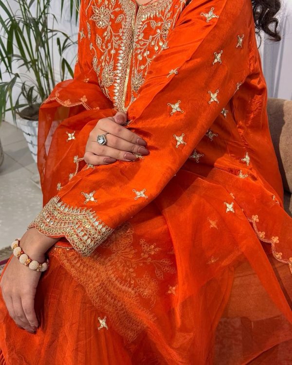 Orange Chinon Silk Embroidery Work Salwar Suit - Image 2