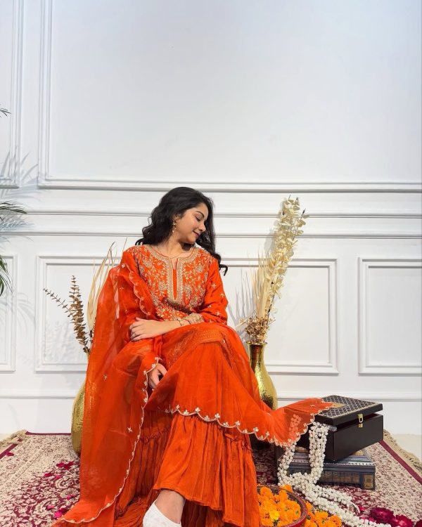 Orange Chinon Silk Embroidery Work Salwar Suit - Image 3