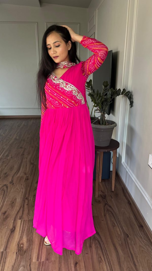Pink Bandhej Fox Georgette Sequence Embroidery Work Anarkali Gown - Image 2