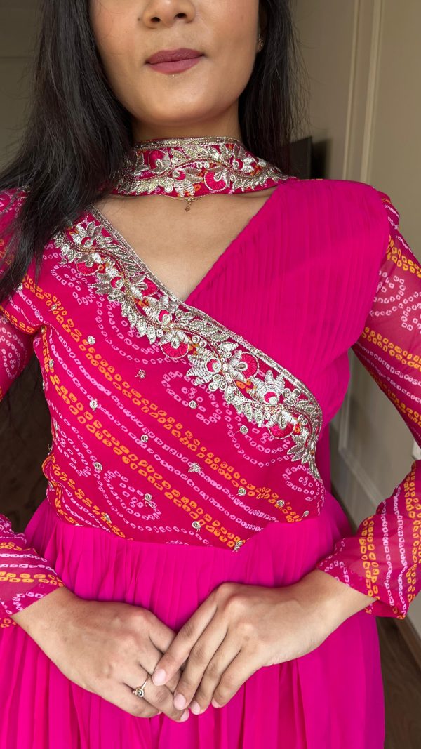 Pink Bandhej Fox Georgette Sequence Embroidery Work Anarkali Gown - Image 3