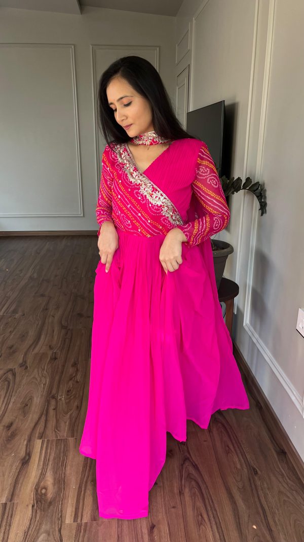 Pink Bandhej Fox Georgette Sequence Embroidery Work Anarkali Gown - Image 5