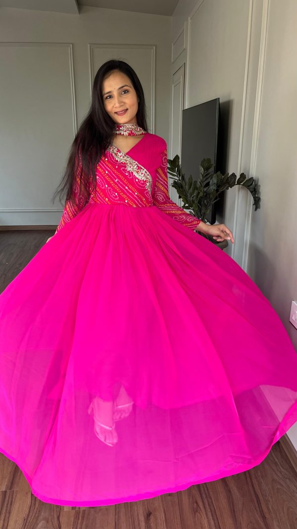 Pink Bandhej Fox Georgette Sequence Embroidery Work Anarkali Gown - Image 6