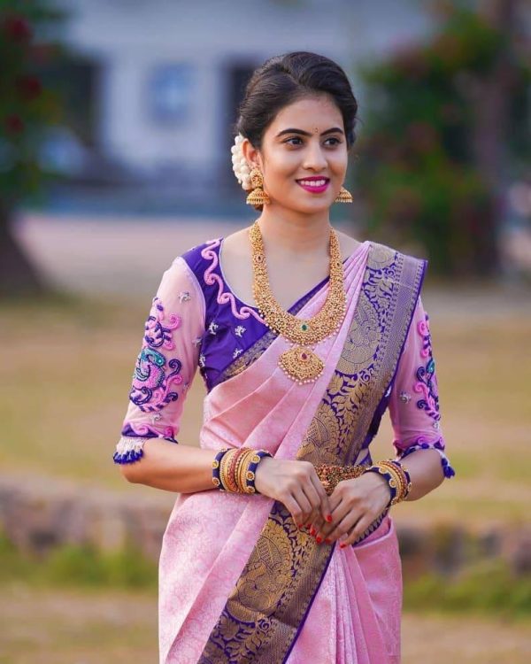 Pink Soft Silk Jacquard Saree - Image 2