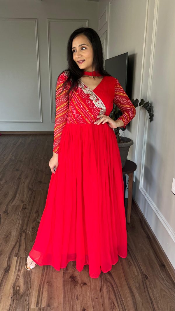Red Bandhej Fox Georgette Sequence Embroidery Work Anarkali Gown - Image 2